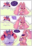 anthro big_breasts breasts brown_body comic duo female food fur generation_4_pokemon generation_7_pokemon green_eyes hi_res incineroar lopunny male nintendo pink_body pink_fur pokemon pokemon_(species) red_eyes renita_reed sandwich_(food) shiny_pokemon spanish_text text