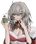  1girl ahoge artist_name bare_shoulders bebe_(bebe_pp) breasts cherry cleavage cleavage_cutout clothing_cutout commentary crop_top cupcake double-parted_bangs food fruit fur-trimmed_sleeves fur_trim grey_hair hair_between_eyes halterneck hand_up highres holding holding_food honkai:_star_rail honkai_(series) looking_at_viewer medium_breasts nail_polish red_shirt shirt simple_background solo stelle_(honkai:_star_rail) symbol-only_commentary tongue tongue_out trailblazer_(honkai:_star_rail) twitter_username white_background yellow_eyes yellow_nails 