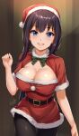  1girl :d belt black_belt black_hair black_pantyhose blue_eyes bow bowtie breasts cleavage commentary_request green_bow green_bowtie hat large_breasts looking_at_viewer menyoujan merry_christmas multicolored_hair open_mouth original pantyhose purple_hair santa_costume santa_hat short_sleeves signature smile solo streaked_hair striped striped_bow striped_bowtie 