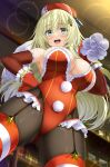  1girl atago_(kancolle) bare_shoulders beret blonde_hair blush breasts brown_pantyhose christmas cleavage elbow_gloves fur_trim gloves green_eyes hat highleg highleg_leotard highres kantai_collection large_breasts leotard long_hair looking_at_viewer open_mouth pantyhose red_gloves red_headwear red_leotard sack santa_costume shibata_rai smile solo thighs 