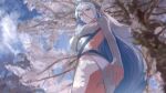  1girl ahonoko azura_(fire_emblem) blue_hair blue_sky breasts cherry_blossoms closed_mouth clothing_cutout cloud commentary_request day detached_sleeves dress elbow_gloves fingerless_gloves fire_emblem fire_emblem_fates gloves hair_between_eyes highres long_hair medium_breasts outdoors panties sky solo tree underwear veil very_long_hair white_dress white_gloves white_panties yellow_eyes 