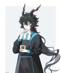  1boy animal_ears apron arknights black_apron black_coat black_hair blue_necktie border bow coat collared_shirt cup eating ebenholz_(arknights) frown goat_boy goat_ears goat_horns grey_background hair_bow highres holding holding_cup holding_spoon horns long_hair looking_at_viewer male_focus necktie purple_eyes red_bow rhodes_island_logo_(arknights) rio_(rio773) shirt simple_background solo spoon twitter_username upper_body utensil_in_mouth very_long_hair white_shirt 