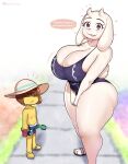 &lt;3 2023 anthro big_breasts bovid breasts brown_hair bucket caprine chest_tuft cleavage clothed clothing container dialogue duo emanata eyebrows eyelashes female flip_flops footwear frisk_(undertale) fur goat hair hat headgear headwear hi_res horn huge_breasts human looking_at_viewer male mammal mature_anthro mature_female one-piece_swimsuit red_eyes sandals short_hair startop swimming_trunks swimwear thick_thighs toriel tuft undertale undertale_(series) white_body white_fur