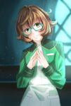  1girl blue-framed_eyewear brown_hair commentary_request cropped_jacket dress fate/grand_order fate_(series) glasses green_eyes green_jacket hair_between_eyes highres jacket looking_at_viewer mable_macintosh ninihoshi own_fingers_together rectangular_eyewear short_hair solo steepled_fingers 