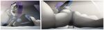  absurdres adjusting_clothes ass bedroom black_bodysuit bodysuit breasts cameltoe colored_skin dc_comics english_commentary english_text grey_skin hand_up highres indoors large_breasts legs_apart lying on_bed on_stomach purple_hair raven_(dc) ravenravenraven short_hair sidelighting sleeves_past_wrists teen_titans thighs waking_up yawning 