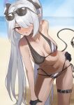  1girl absurdres beach bikini black_bikini black_bow black_choker black_gloves blue_archive blush bow breasts choker collarbone commentary_request contrapposto demon_girl demon_tail eyewear_on_head gloves grey_hair hair_bow hair_over_one_eye half_gloves halo highres iori_(blue_archive) iori_(swimsuit)_(blue_archive) leaning_to_the_side long_hair medium_breasts mochini navel ocean official_alternate_costume official_alternate_hairstyle open_mouth outdoors purple_halo red_eyes side-tie_bikini_bottom solo stomach sunglasses swimsuit tail thigh_strap twintails very_long_hair 