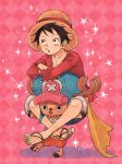  2boys :d aco_peda black_eyes black_hair blue_headwear carrying full_body hat highres male_focus monkey_d._luffy multiple_boys one_piece orange_shorts oversized_hat piggyback red_background reindeer sandals scar scar_on_cheek scar_on_face short_hair shorts sitting sitting_on_person smile sparkle straw_hat striped_tank_top tank_top tony_tony_chopper yellow_tank_top 