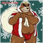  1boy alternate_costume animal_ears ashigara_(housamo) bara bear_boy bear_ears belly bikini_briefs brown_fur christmas covered_penis donkan_(goujuyu) facial_hair feet_out_of_frame furry furry_male gift_bag goatee hat huge_eyebrows male_focus male_underwear mature_male merry_christmas muscular muscular_male no_pants original pectorals plump red_headwear red_male_underwear santa_costume santa_hat short_hair solo sparse_chest_hair standing tokyo_afterschool_summoners underwear 