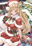  1girl animal_ears black_gloves blonde_hair box braid breasts capelet christmas_tree cleavage closed_mouth commentary_request dress erune french_braid fur-trimmed_capelet fur-trimmed_dress fur-trimmed_headwear fur_trim gift gift_box gloves granblue_fantasy hanchou_(shirokun555) hat highres holding holding_box holding_gift large_breasts long_hair looking_at_viewer night night_sky outdoors pom_pom_(clothes) red_capelet red_dress red_skirt santa_costume santa_hat short_dress sitting skirt sky smile snowing solo turtleneck very_long_hair yuisis_(granblue_fantasy) 