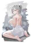  1girl animal_ears arknights ass aurora_(arknights) bare_back bare_shoulders barefoot bear_ears blue_eyes breasts commentary_request grey_hair highres horn/wood large_breasts looking_at_viewer medium_hair naked_towel parted_lips ponytail sitting solo thighs towel wariza 