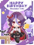  1girl balloon bat_hair_ornament benghuai_xueyuan cape chibi full_body hair_between_eyes hair_ornament happy_birthday highres honkai_(series) houraiji_kyuushou long_hair official_art pointy_ears purple_hair red_eyes second-party_source skirt solo vampire_costume 