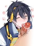  blue_hair blush censored fellatio hair_between_eyes hair_ornament heart japanese_clothes licking mahi_(dokodokodo) male_focus male_pubic_hair mikazuki_munechika multiple_boys nude open_mouth oral penis pubic_hair saliva saniwa_(touken_ranbu) solo_focus speech_bubble spoken_heart sweat tongue tongue_out touken_ranbu yaoi 