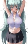  1girl ^^^ alternate_breast_size armpits arms_behind_head arms_up black_skirt blue_eyes blue_hair blush breasts cleavage collarbone collared_shirt cowboy_shot furuyama_itaru hair_tie hatsune_miku large_breasts long_hair looking_at_viewer miniskirt mouth_hold navel notice_lines pleated_skirt shirt skirt sleeveless sleeveless_shirt solo twintails vocaloid white_shirt 