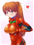  1girl blue_eyes blush bodysuit breast_expansion breast_hold breasts commentary_request heart highres large_breasts long_hair looking_at_viewer neon_genesis_evangelion orange_hair pilot_suit plugsuit red_bodysuit skin_tight solo souryuu_asuka_langley spoken_heart yamagakitaze 