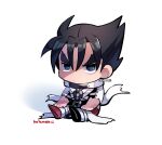  1boy black_hair chain chibi closed_mouth hand_on_own_knee kazama_jin kotorai looking_at_viewer male_focus red_footwear short_hair signature simple_background sitting solo tekken thick_eyebrows v-shaped_eyebrows white_background 