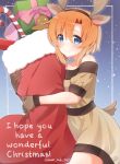  1girl absurdres animal_costume artist_name blue_eyes brown_dress brown_gloves candy candy_cane christmas_present christmas_stocking commentary_request dress english_text food gift gingerbread_man gloves highres higurashi_no_naku_koro_ni hug looking_at_viewer orange_hair reindeer_costume ryuuguu_rena smile snowing solo sweet_miuk_tea thighs 