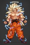 1boy abs absurdres aura blonde_hair boots clenched_hand closed_mouth collarbone dougi dragon_ball dragon_ball_z facing_viewer full_body furrowed_brow green_eyes guillem_dauden halo highres large_pectorals lightning long_hair male_focus muscular muscular_male no_eyebrows orange_pants pants pectorals sash solo son_goku spiked_hair super_saiyan super_saiyan_3 topless_male torn_clothes torn_pants veins very_long_hair 