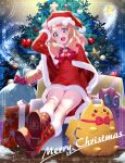  1girl :d arm_support blonde_hair blue_eyes boots box capelet christmas christmas_tree commentary_request dress eyelashes fur-trimmed_boots fur-trimmed_capelet fur_trim gift gift_box hand_on_headwear hand_up hat highres jirachi kanimaru knees long_hair long_sleeves open_mouth pikachu poke_ball_print pokemon pokemon_(creature) pokemon_xy red_capelet red_dress red_footwear red_headwear sack santa_hat serena_(pokemon) sitting smile 