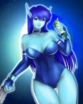  1girl bare_shoulders blue_choker blue_hair blue_skin breasts bridal_gauntlets choker claw_(weapon) cleavage collarbone colored_skin commentary_request covered_navel cowboy_shot dark_blue_gloves dark_blue_hair dark_blue_leotard drink elbow_gloves fingerless_gloves gloves gradient_background highleg highleg_leotard highres holding holding_drink juice_box large_breasts leotard long_pointy_ears looking_at_viewer neifirst phantasy_star pink_eyes planet pointy_ears solo space strapless strapless_leotard thigh_gap weapon west-maison 
