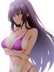 1girl bare_shoulders bikini breasts closed_mouth collarbone commentary_request covered_nipples engo_(aquawatery) fate/grand_order fate_(series) holding_own_arm large_breasts long_hair looking_to_the_side navel purple_bikini purple_hair red_eyes scathach_(fate) simple_background smile solo swimsuit upper_body very_long_hair white_background 