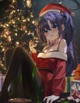  1girl aris_(blue_archive) blue_archive blush christmas christmas_tree hair_between_eyes halo highres leepy long_hair looking_at_viewer mechanical_halo open_mouth purple_eyes purple_hair santa_costume solo tagme two_side_up yuuka_(blue_archive) 