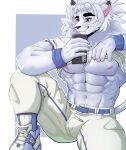 2021 5_fingers abs anthro biped black_ear_tips black_eyebrows blue_belt blue_eyes bottomwear bulge cellphone claws clothed clothing clothing_lift colored electronics eyebrows fangs felid fingers footwear fur hi_res humanoid_hands leo_(saitama_seibu_lions) lion male mammal mane mascot muscular muscular_anthro muscular_male navel nipples nippon_professional_baseball pantherine pants pecs phone pink_nipples pubes redd_fur saitama_seibu_lions shirt shirt_lift shoes smartphone solo tail teeth thick_eyebrows topwear white_body white_bottomwear white_clothing white_fur white_hands white_mane white_pants white_pubes white_shirt white_tail white_topwear wristband