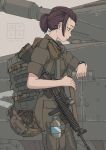  1girl assault_rifle backpack bag belt beret bottle brown_eyes brown_hair etmc1992 from_side gun gun_sling hat helmet highres israel_defense_forces israeli_flag laser_sight m16 m16a1 merkava_(tank) military_vehicle motor_vehicle optical_sight original ponytail red_dot_sight rifle short_sleeves tactical_clothes tank watch water_bottle weapon wristwatch 