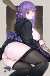  1girl absurdres ass black_pantyhose blueberry blush breasts clothes_pull commentary covered_nipples eggplant fern_(sousou_no_frieren) food fruit grapes highres hood hood_down iuui large_breasts long_hair looking_at_viewer open_mouth panties pantyhose pantyhose_pull purple_eyes purple_hair solo sousou_no_frieren symbol-only_commentary underwear white_panties 