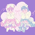  2girls :o asymmetrical_legwear black_eyes blue_bow blue_footwear blue_hair blue_skirt blunt_bangs blush_stickers bow bow_legwear bow_print bowtie buttons chinese_commentary closed_mouth collared_shirt commentary_request double_bun frilled_shirt_collar frilled_skirt frills full_body hair_bow hair_bun hands_on_own_cheeks hands_on_own_face highres kneehighs lace-trimmed_socks long_sleeves looking_at_viewer looking_down mary_janes miniskirt mismatched_legwear multiple_girls original parted_lips pink_bow pink_bowtie pink_footwear pink_hair pink_skirt polka_dot polka_dot_skirt polka_dot_socks puffy_long_sleeves puffy_sleeves purple_background shirt shoes short_hair sitting skirt smile socks striped striped_socks very_short_hair white_bow white_shirt white_sleeves white_socks yeshisi 
