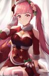  1girl absurdres arm_support bare_shoulders blunt_bangs breasts bustier cleavage closed_mouth curtains dress english_commentary fire_emblem fire_emblem:_three_houses fire_emblem_heroes flower fur-trimmed_gloves fur_trim gift gloves hair_flower hair_ornament halterneck hat highres hilda_valentine_goneril hilda_valentine_goneril_(winter) instagram_logo looking_at_viewer medium_breasts mixed-language_commentary pink_eyes pink_hair pink_thighhighs pixiv_logo ryo-suzuki santa_dress santa_hat shadow sitting smile solo thighhighs tumblr_logo twintails twitter_logo twitter_username white_gloves window zettai_ryouiki 