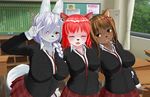  3d_custom_girl 3girls artist_request brown_eyes brown_hair dog eyes_closed furry glasses long_hair multiple_girls open_mouth pink_hair school_uniform white_hair 