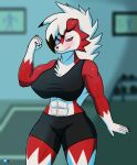 abs anthro canid canine clothed clothing female fur generation_7_pokemon hi_res lycanroc mammal muscular muscular_female nintendo pokemon pokemon_(species) r3ptart red_body red_eyes red_fur solo