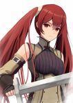  1girl black_gloves bow closed_mouth commentary_request detached_sleeves fire_emblem fire_emblem_awakening gloves hair_between_eyes highres holding holding_sword holding_weapon labebebe_lee long_hair red_bow red_eyes red_hair severa_(fire_emblem) simple_background solo sword twintails upper_body weapon white_background 