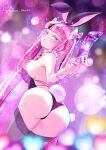  1girl absurdres alternate_hairstyle artist_name ass blue_eyes character_name cookie_run highres holding_ticket humanization long_hair looking_at_viewer multicolored_hair pink_hair playboy_bunny shining_glitter_cookie solo ticket twintails user_vpux4444 