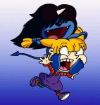 2023 angelica_pickles beezle_(unico) black_hair blonde_hair blue_background blue_body carrying child clothed clothing crossover demon digital_drawing_(artwork) digital_media_(artwork) duo fangs female fully_clothed hair hair_over_eyes hi_res human humanoid humor jj_animation male mammal nickelodeon osamu_tezuka piggyback purple_clothing riding rugrats running sanrio simple_background spade_tail tail teeth unico_(series) upset voice_actor_joke young