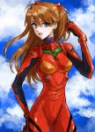  1girl arano_nknk blue_eyes bodysuit breasts brown_hair cleavage commentary_request highres interface_headset long_hair looking_at_viewer neon_genesis_evangelion plugsuit red_bodysuit sideways_glance sky souryuu_asuka_langley two_side_up 