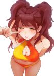  1girl absurdres bare_shoulders bikini breasts brown_eyes brown_hair cleavage cleavage_cutout clothing_cutout earrings highres jewelry kujikawa_rise leaning_forward looking_at_viewer n7grey persona persona_4 smile sweat swimsuit twintails v white_background 