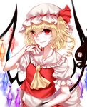  ascot bad_id bad_pixiv_id blonde_hair blood bloody_hands crystal fang fang_out flandre_scarlet hair_between_eyes hair_ribbon hat hat_ribbon highres laevatein mob_cap puffy_short_sleeves puffy_sleeves red_eyes red_ribbon red_skirt red_vest ribbon sheya shirt short_sleeves side_ponytail skirt smile solo touhou upper_body vest white_background white_hat white_shirt wings 
