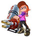  1girl baseball_cap braid brown_footwear commentary_request full_body hat highres holding holding_weapon hydra_splatling_(splatoon) inkling inkling_girl long_hair orange_hair pink_eyes pink_shirt pointy_ears shirt shoes simple_background smile solo splatoon_(series) splatoon_3 teeth weapon white_background xdies_ds 