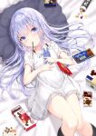  1girl blue_eyes blue_hair blush cellphone closed_mouth collarbone commentary_request covered_navel dress feet_out_of_frame flat_chest food food_in_mouth gochuumon_wa_usagi_desu_ka? hair_ornament highres holding holding_phone kafuu_chino knees_together_feet_apart kouda_suzu long_hair looking_at_viewer lying mouth_hold on_back partial_commentary phone pillow pocky pocky_in_mouth short_dress short_sleeves smartphone smartphone_case solo white_dress x_hair_ornament 