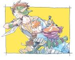  2boys blue_eyes brown_hair gloves goggles grandia grandia_i hat justin_(grandia) male_focus messy_hair michibata_65 multiple_boys open_mouth pointy_ears protected_link rapp_(grandia) red_hair smile sword sword_on_back weapon weapon_on_back 