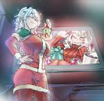  2girls blush christmas clone demon demon_girl demon_horns demon_tail enjoyment heart helltaker highres horns looking_at_viewer modeus_(helltaker) multiple_girls one_eye_closed red_eyes red_sweater red_thighhighs santa_costume sweater tail television thighhighs white_hair 