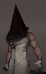  1boy arms_at_sides brown_background cowboy_shot dark_background from_below gloves helmet highres holding male_focus monster_boy muscular muscular_male nanadagger pyramid_head silent_hill_(series) silent_hill_2 simple_background solo sword thick_arms veins veiny_arms weapon white_gloves 