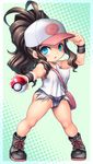  10s 1girl :3 :d antenna_hair bag bare_legs baseball_cap boots brown_hair chibi female full_body hair_ornament hat legs long_hair looking_at_viewer nintendo poke_ball poke_ball_hat poke_ball_print pokemon pokemon_(game) pokemon_bw ponytail short_shorts touko_(pokemon) very_long_hair vest 