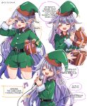  1girl absurdres alternate_costume alternate_ears christmas elf expressions green_shorts grey_hair highres hololive hololive_english keisea koseki_bijou long_hair multicolored_hair multiple_views open_mouth pointy_ears purple_eyes shorts smile solo virtual_youtuber 