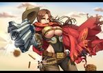  2016 aiming_at_viewer basket beads belt belt_buckle belt_pouch black_pants breasts broken_glass brown_gloves brown_hair brown_hat buckle bullet bullet_hole cape chaps cigar cloud covered_navel cowboy_hat cowboy_shot day drawstring eyelashes finger_on_trigger floating_hair genderswap genderswap_(mtf) glass gloves groin gun hair_between_eyes hair_intakes handgun hat hat_removed headwear_removed highres holding holding_gun holding_weapon large_breasts letterboxed long_hair looking_at_viewer mccree_(overwatch) motion_blur mouth_hold multiple_belts outdoors outstretched_arm overwatch pants pouch qi_kou red_cape red_lips shell_casing sky smile smoke smoking solo torn_cape tube underboob weapon yellow_eyes 