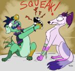 alternate_species ambiguous_gender bandage borzoi canid canine canis claws devi_d. domestic_dog duo feral feralized fur furrification green_body green_fur hunting_dog i_feel_sick johnny_the_homicidal_maniac mammal paws pigtails plushie purple_body purple_fur sighthound smile snout tail tenna_(i_feel_sick) tick_(artist) toe_claws toony