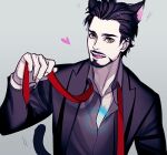  1boy animal_ears animification arc_reactor black_hair black_jacket black_shirt brown_eyes cat_ears cat_tail collarbone collared_jacket collared_shirt english_commentary facial_hair fingernails ginmu gradient_background grey_background hand_up heart iron_man_(series) jacket kemonomimi_mode long_sleeves looking_at_viewer lowres male_focus marvel marvel_cinematic_universe necktie open_clothes open_jacket open_mouth red_necktie shirt short_hair simple_background smile solo standing tail teeth tongue tongue_out tony_stark 