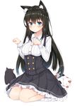  animal_ears black_hair blue_eyes blush breasts cat cat_ears coffeedog long_hair long_sleeves looking_at_viewer medium_breasts meme_attire original paw_pose simple_background sitting solo virgin_killer_outfit wariza white_background 