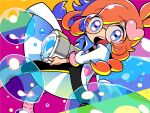  1girl ahoge blue_eyes boots bubble bubble_gun glasses hair_ornament heart heart_hair_ornament lab_coat multicolored_background open_mouth penny_crygor ponytail red_hair solo warioware 